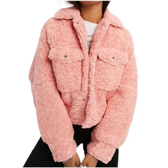 We The Free Jackets & Blazers - We The Free Pink Snap Button Front Long Sleeve Sherpa Fleece Jacket Size Medium